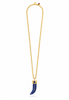A gold chain necklace featuring a curved blue lapis lazuli pendant with a gold cap and a small dark blue inlay, shown against a plain white background.