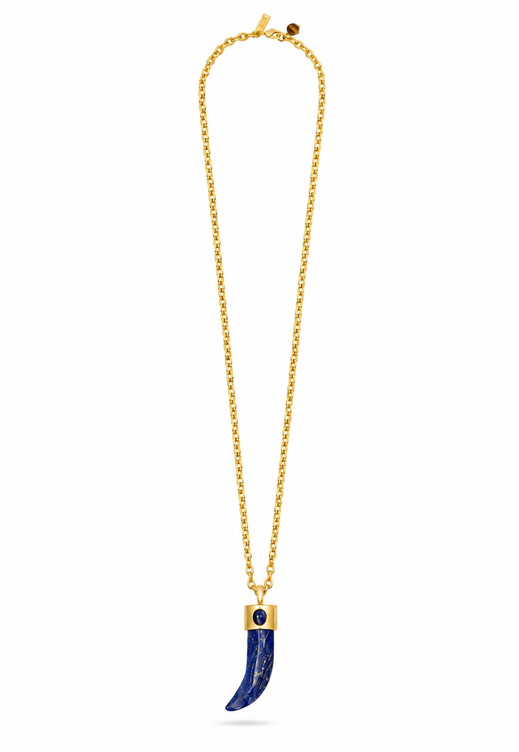 A gold chain necklace featuring a curved blue lapis lazuli pendant with a gold cap and a small dark blue inlay, shown against a plain white background.