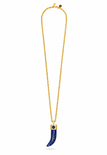 A gold chain necklace featuring a curved blue lapis lazuli pendant with a gold cap and a small dark blue inlay, shown against a plain white background.