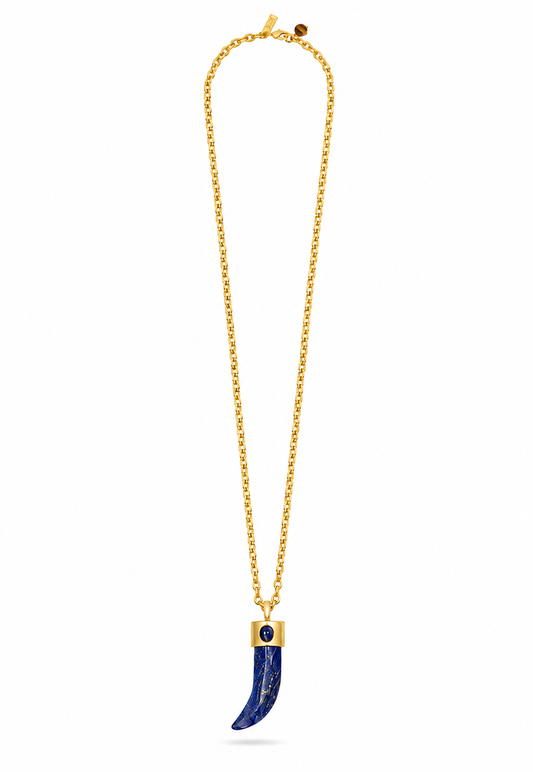 A gold chain necklace featuring a curved blue lapis lazuli pendant with a gold cap and a small dark blue inlay, shown against a plain white background.