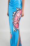 Sky blue halterneck silk dress with bold pink and white floral placement print design