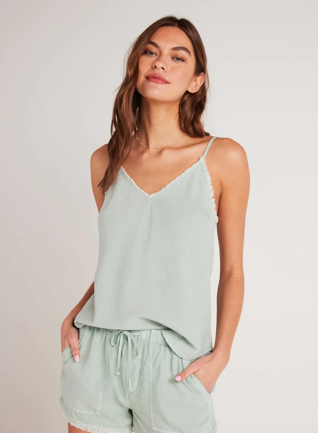 Light green frayed edge v neck camisole