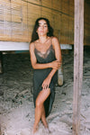 khaki silk mid length slip dress with spaghetti straps and lace detailing model shot