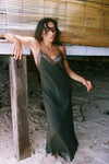 khaki silk mid length slip dress with spaghetti straps and lace detailing model shot