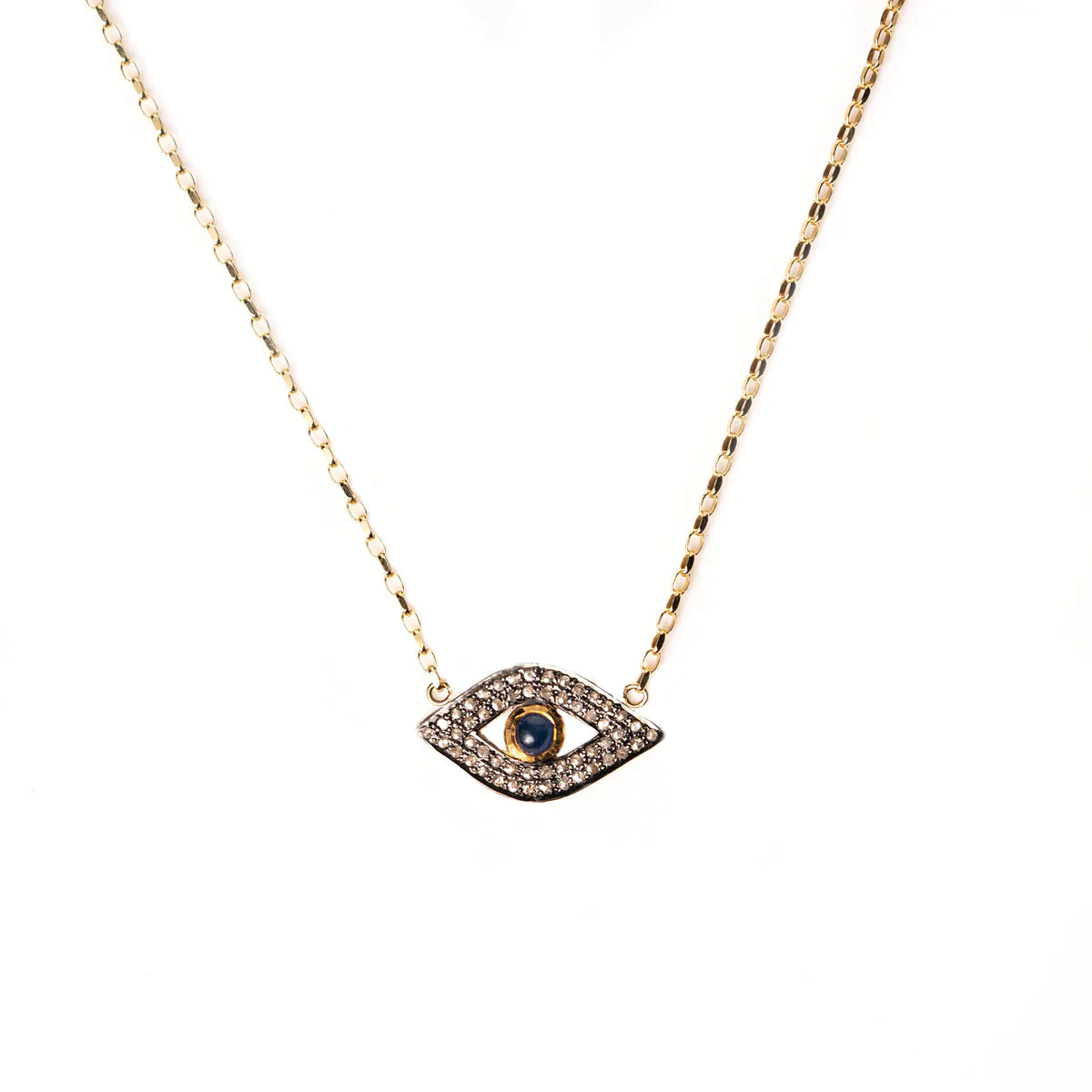 Evil eye pendant necklace on gold plated chain with sapphire centre stone