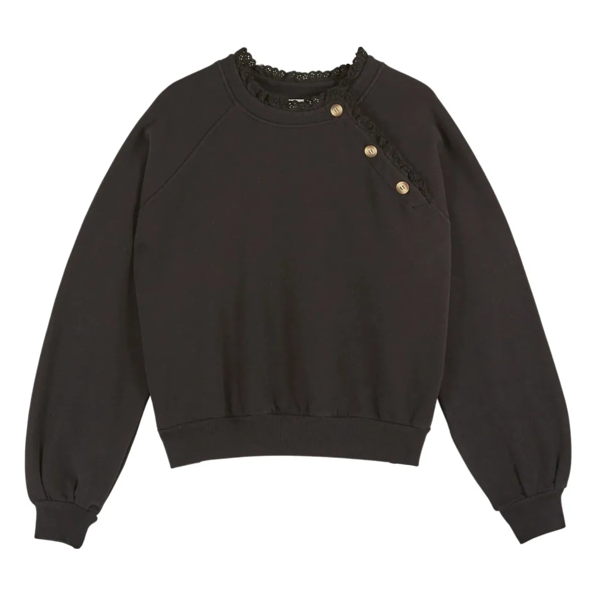 Black sweatshirt with broderie anglais details and buttons across the shoulder