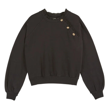 Black sweatshirt with broderie anglais details and buttons across the shoulder