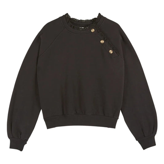 Black sweatshirt with broderie anglais details and buttons across the shoulder