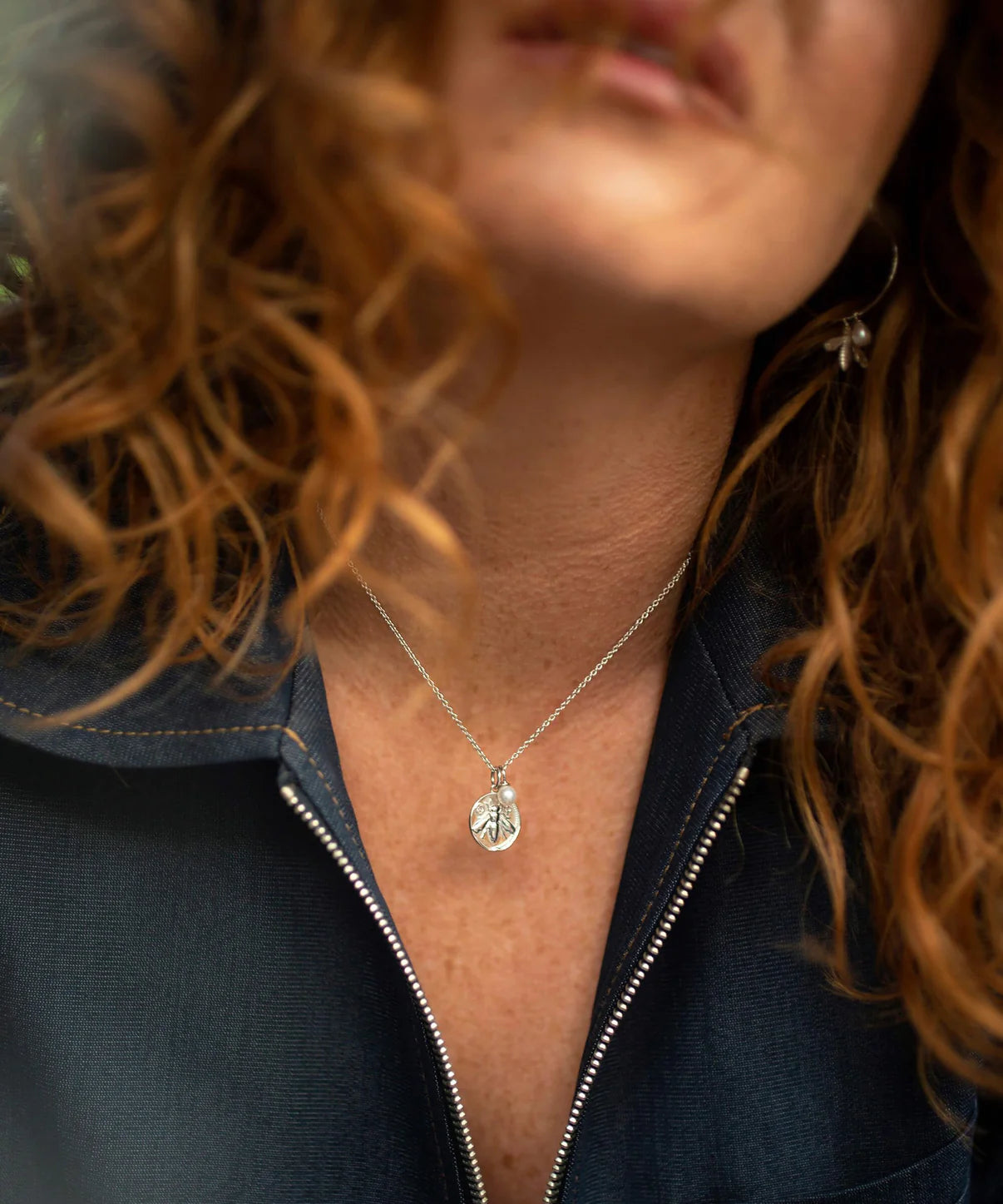 Silver bee coin pendant necklace with small rice pearl on silver chain