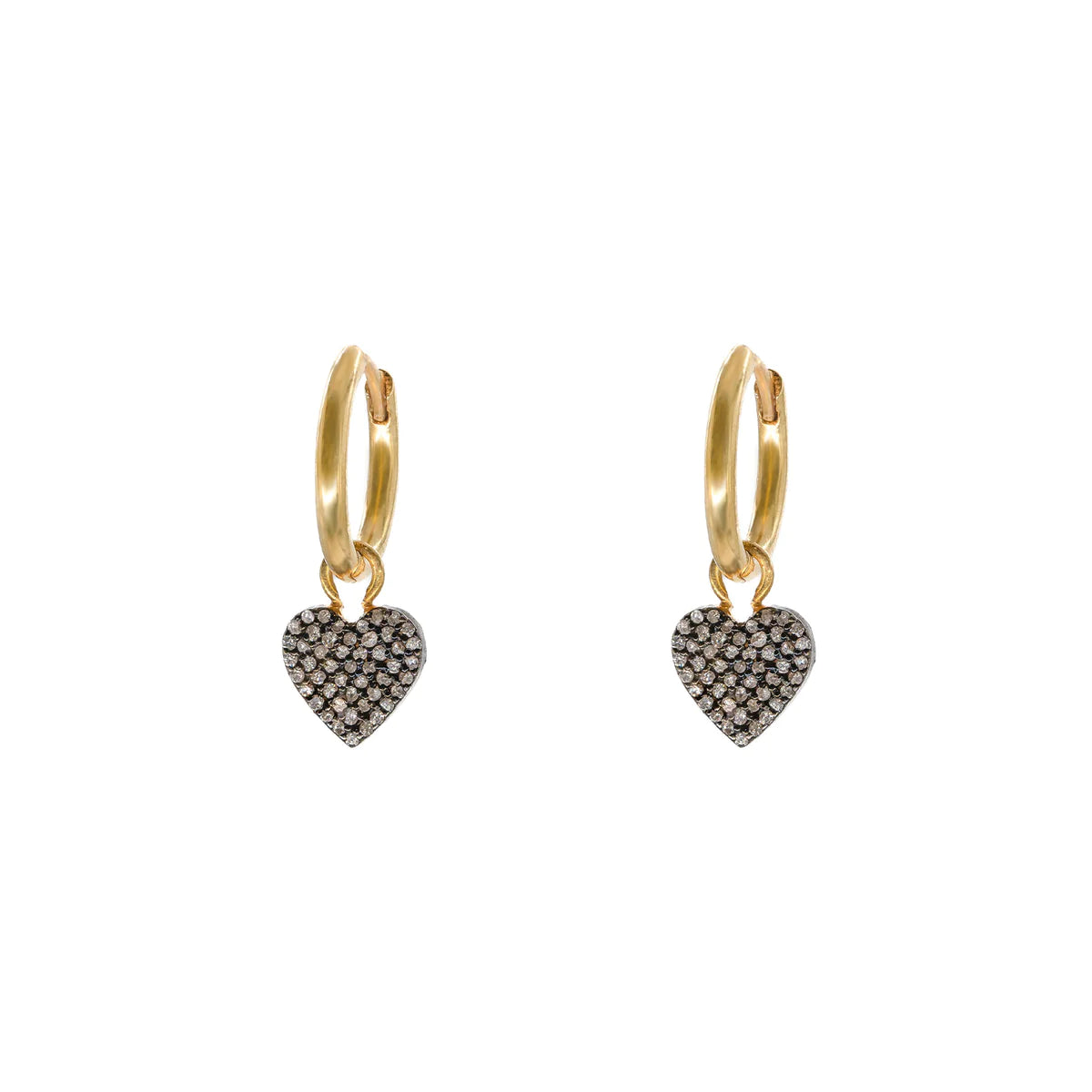 Gold hoop earrings with pave diamond heart pendant
