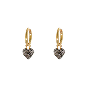 Gold hoop earrings with pave diamond heart pendant