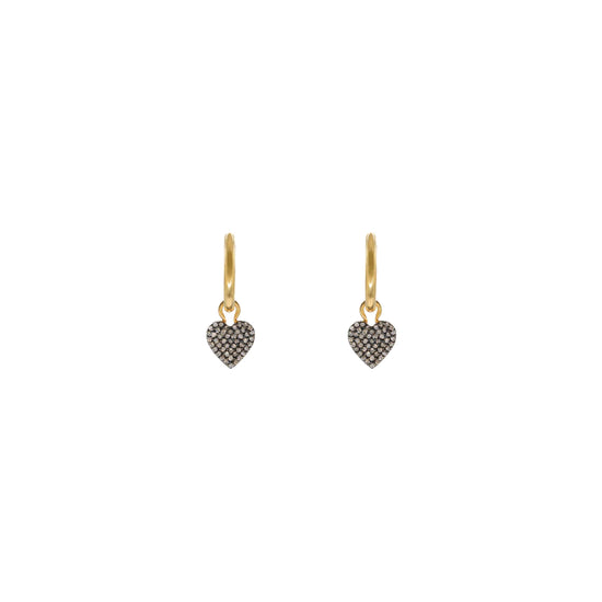 Gold hoop earrings with pave diamond heart pendant