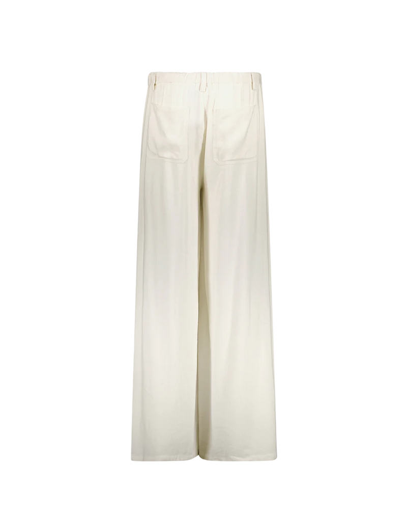 Cream linen wide leg trousers with elasticated waistband and drawstring waist with inseam side pockets
