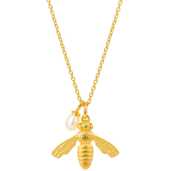 Gold bee pendant necklace with small rice pearl