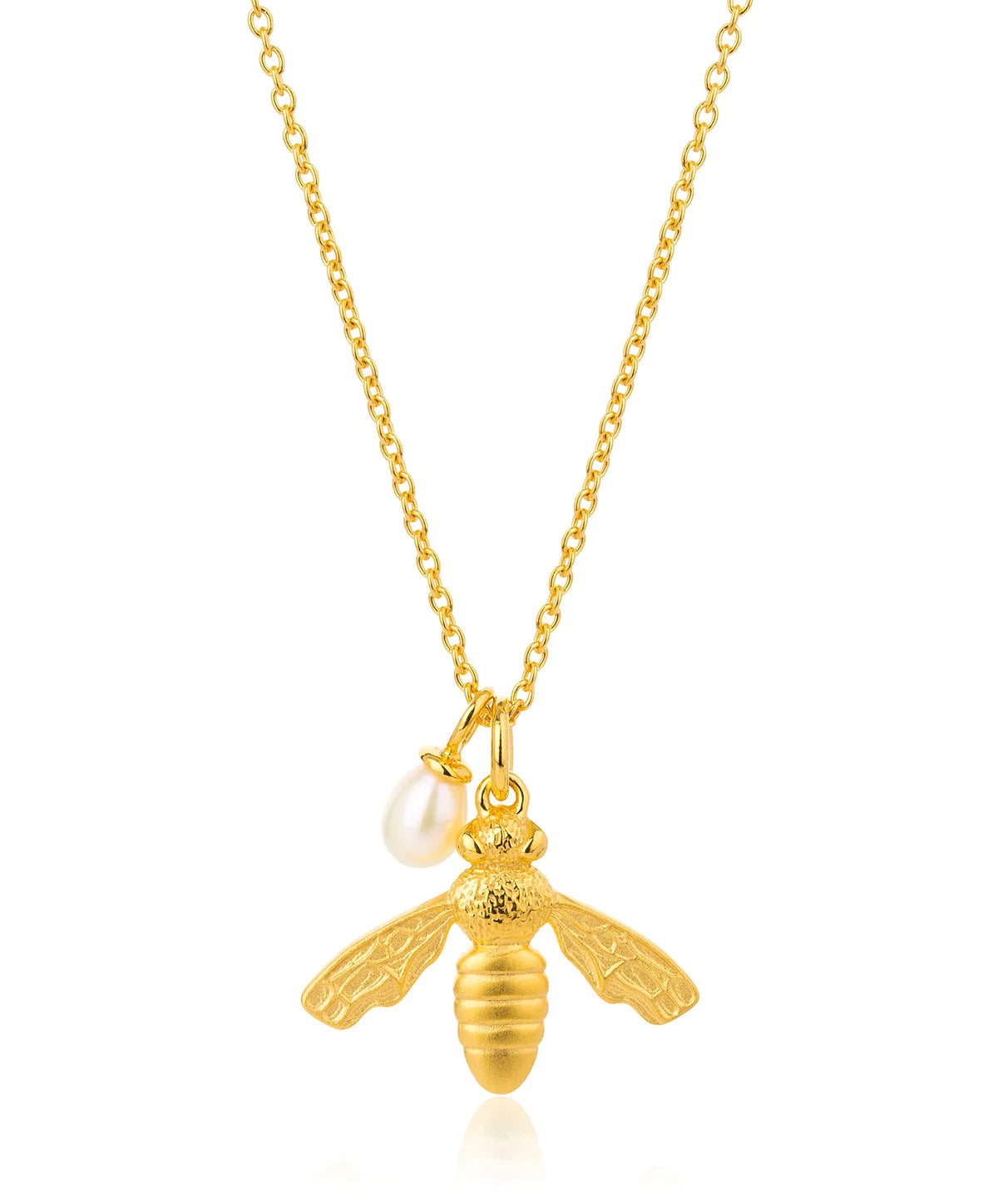 Gold bee pendant necklace with small rice pearl