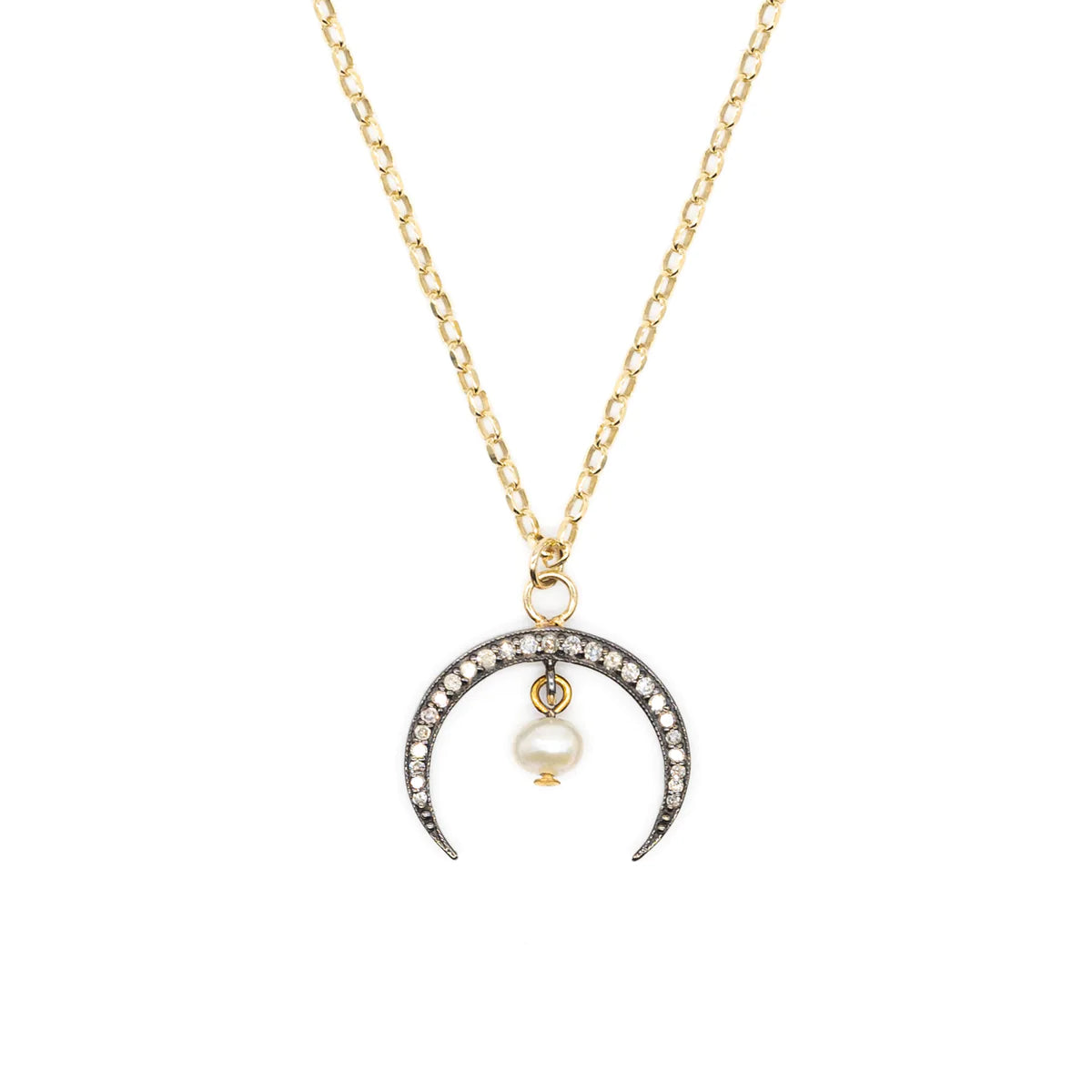 Gold diamond cut belcher necklace with a sterling silver pave diamond encrusted horn with single drop pearl