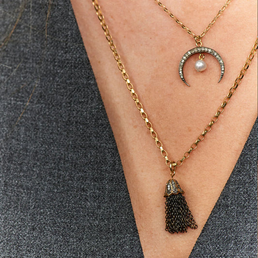 Gold diamond cut belcher chain with pave diamond tassle pendant