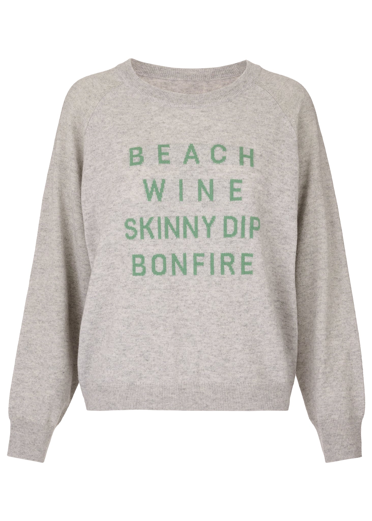 Light grey cashmere blend jumper with khaki slogan on front saying beach wine skinny dip bonfire