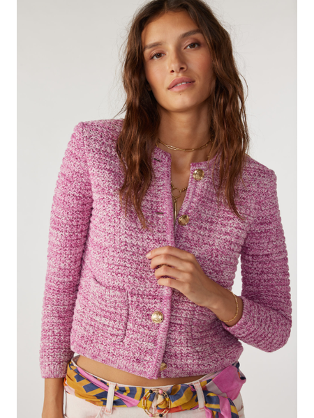 Pink chunky knitted and structured cardigan with patch pockets and gold buttons