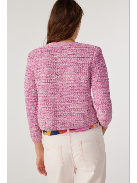 Pink chunky knitted and structured cardigan with patch pockets and gold buttons
