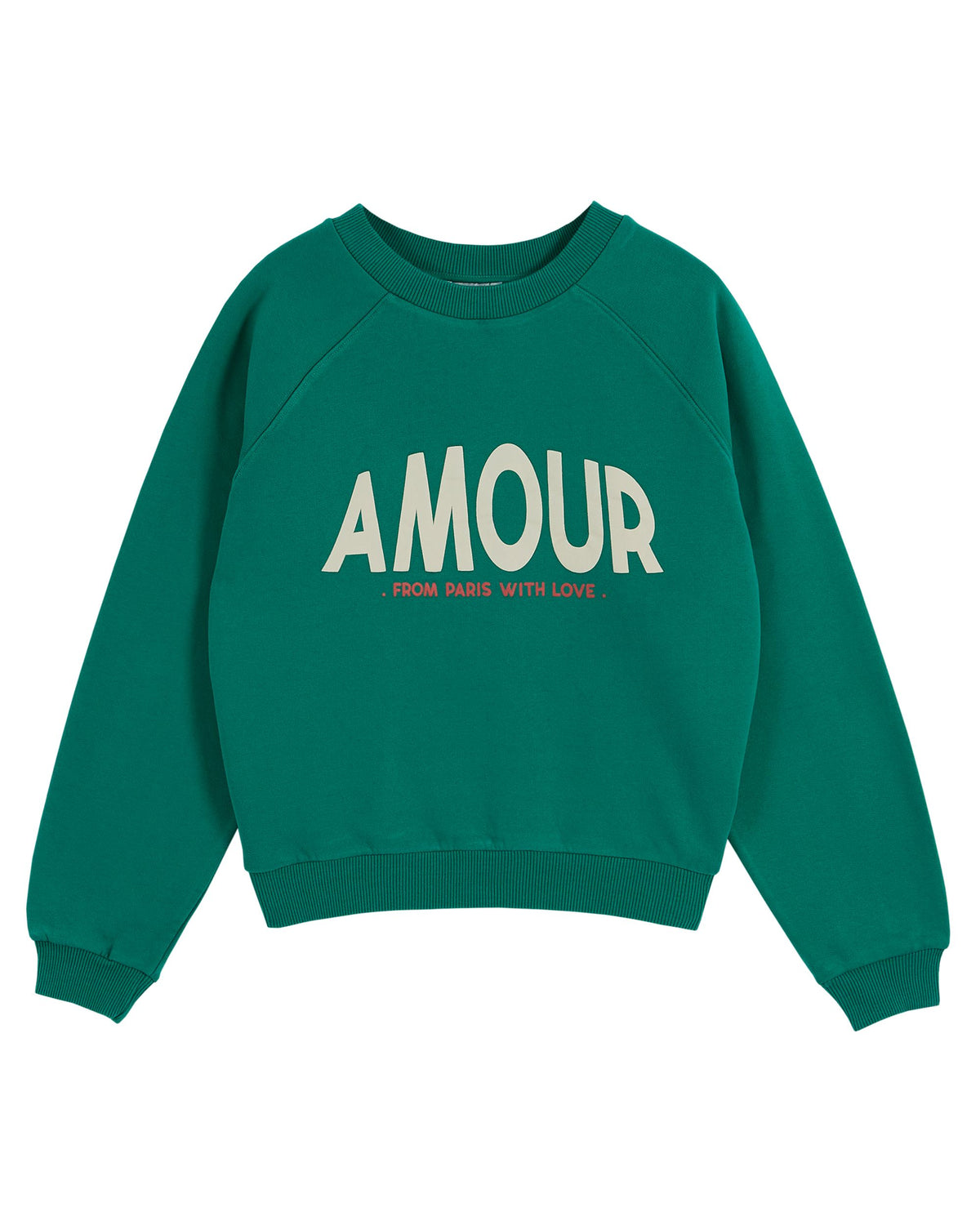 Jade green scoop neck sweatshirt with raglan sleeves and "amour" logo on the centre front