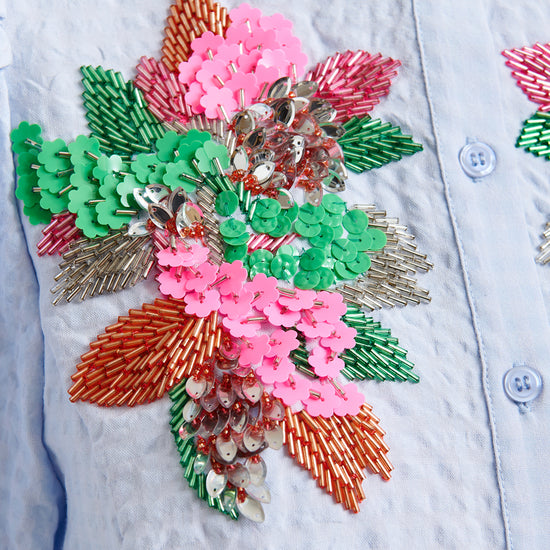 Embroidered floral design on an Essentiel Antwerp shirt close up