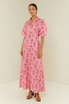 pink floral v neck dress with a line skirt model shot