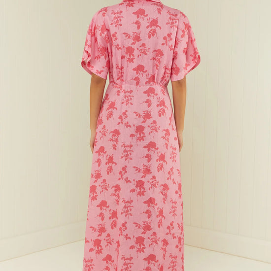 pink floral v neck dress with a line skirt rear view 