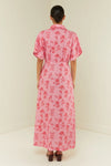 pink floral v neck dress with a line skirt rear view 