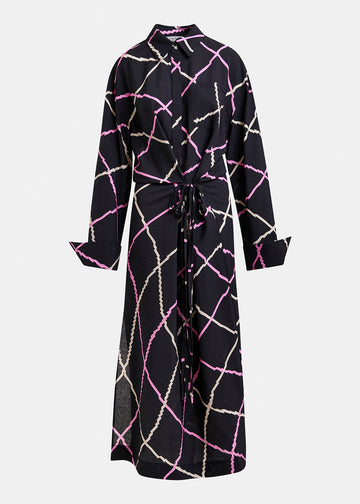 Black checkered shirt dress with tie detail by Essentiel Antwerp on a white background