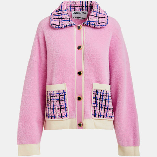 pink textured jacket with pattern collar and patch pockets