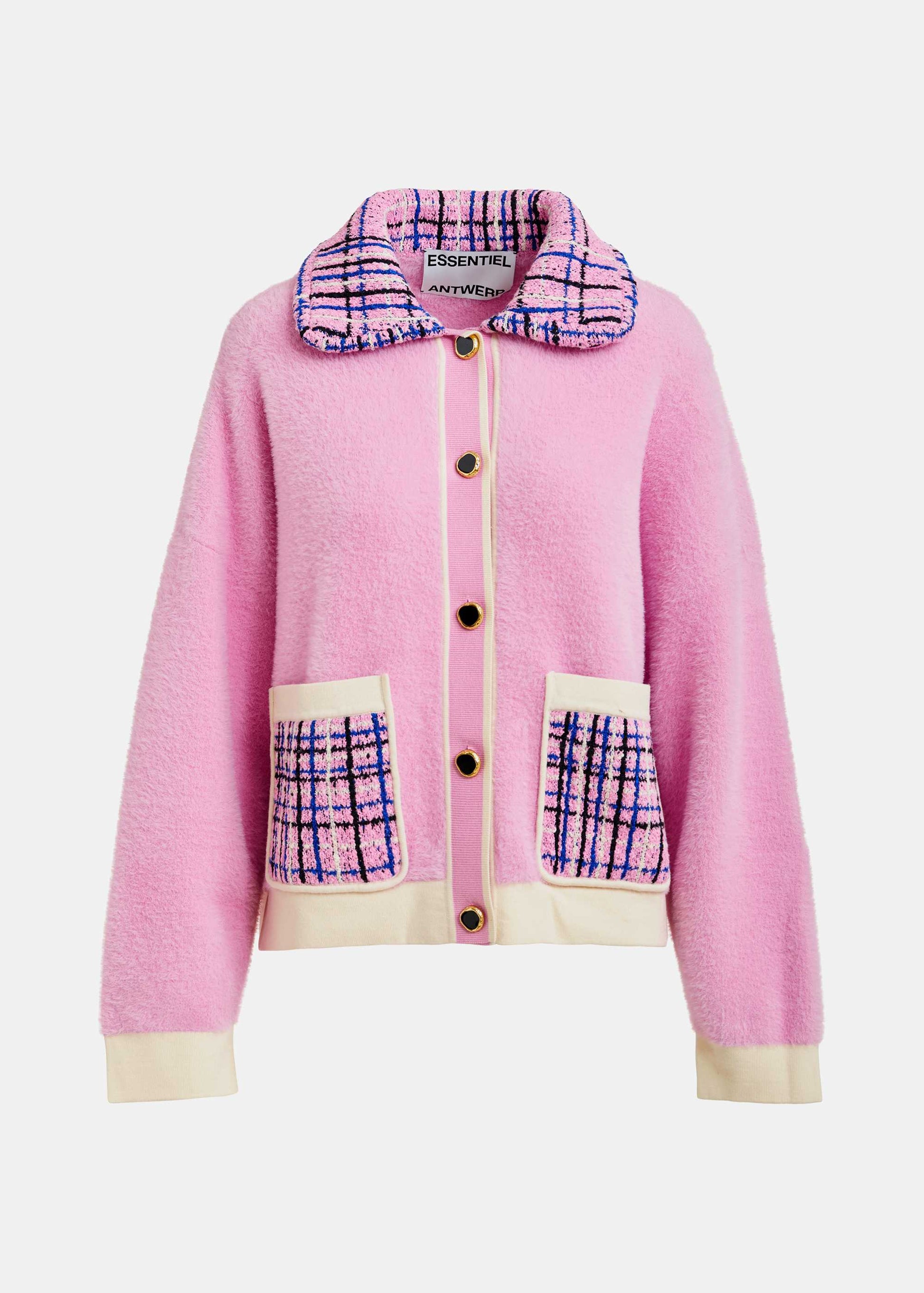pink textured jacket with pattern collar and patch pockets