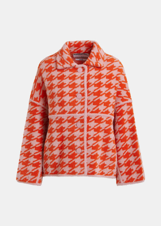 houndstooth red textured jacket with pink background 