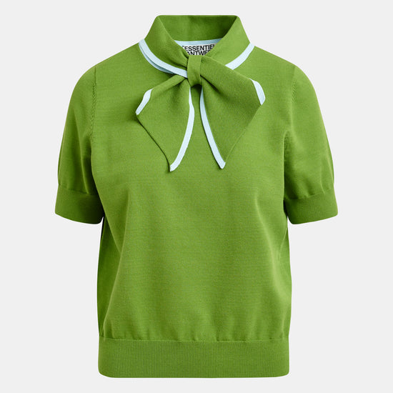 short sleeve green knit with tie at the neck