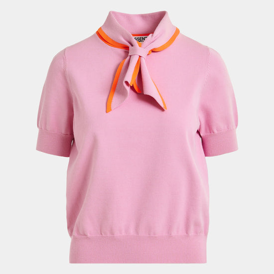 short sleeve pink knit with tie at the neck