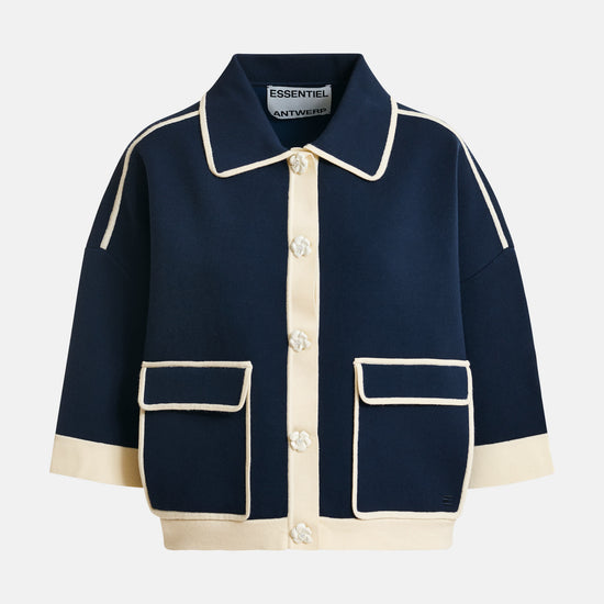 navy elbow length sleeve cardi with cream  placket, hem and cuffs with 2 flap pockets and flower buttons