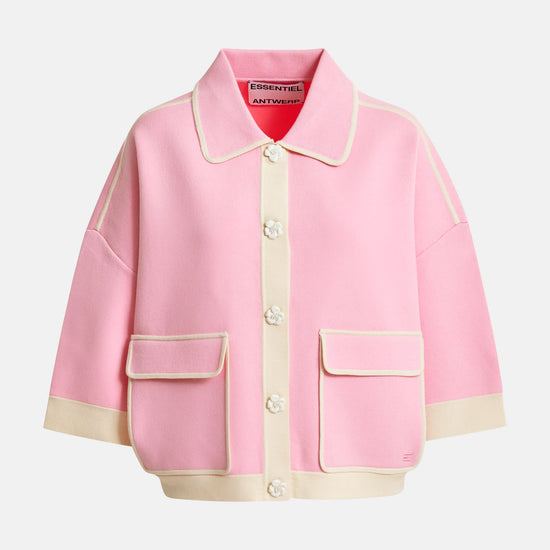 light pink elbow length sleeve knit with flower buttons, 2 patch pockets and a cream placket, cuffs and hem