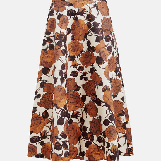 mid length a line brown floral print skirt