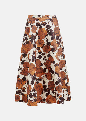 mid length a line brown floral print skirt