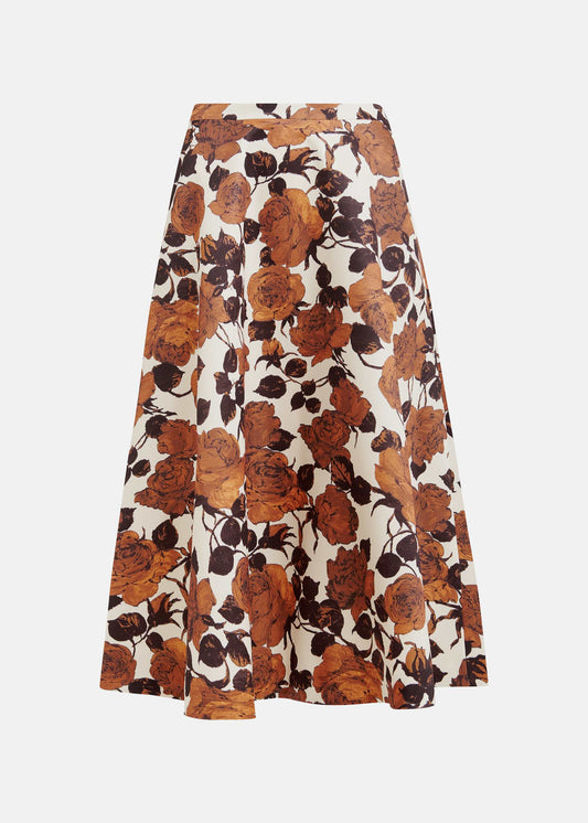 mid length a line brown floral print skirt