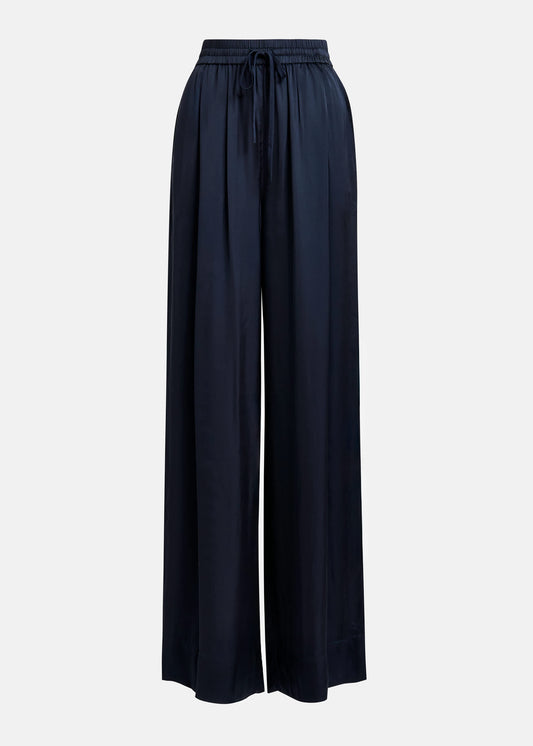 navy blue satin drawstring waist wide leg sweat pants