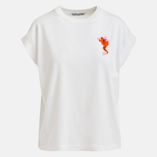 white round neck short sleeve white t shirt with orange symbol