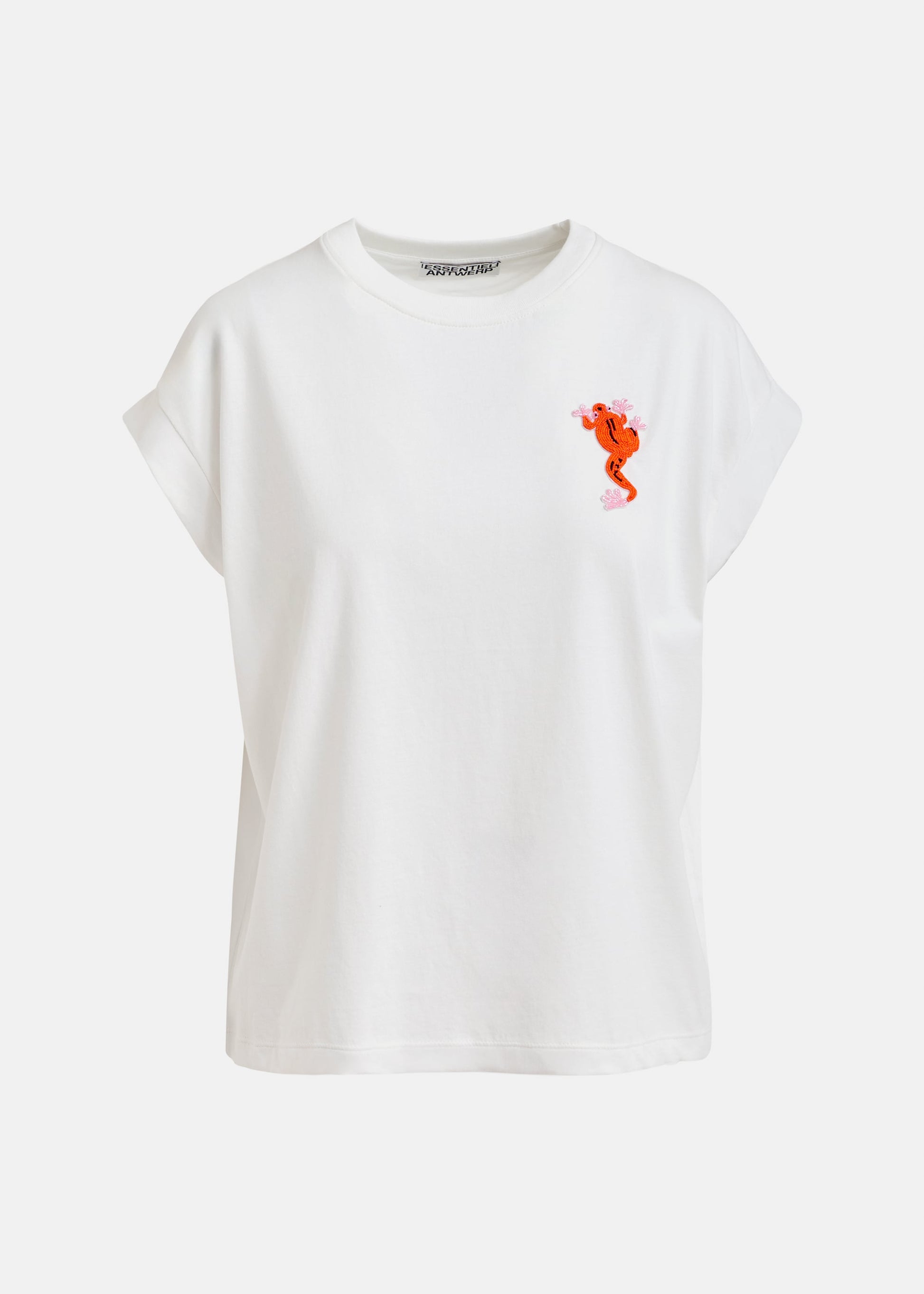 white round neck short sleeve white t shirt with orange symbol