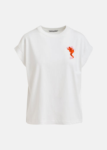 white round neck short sleeve white t shirt with orange symbol