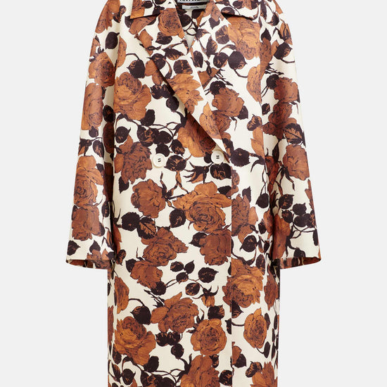 brown floral print double breasted mid length coat 