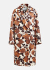 brown floral print double breasted mid length coat 