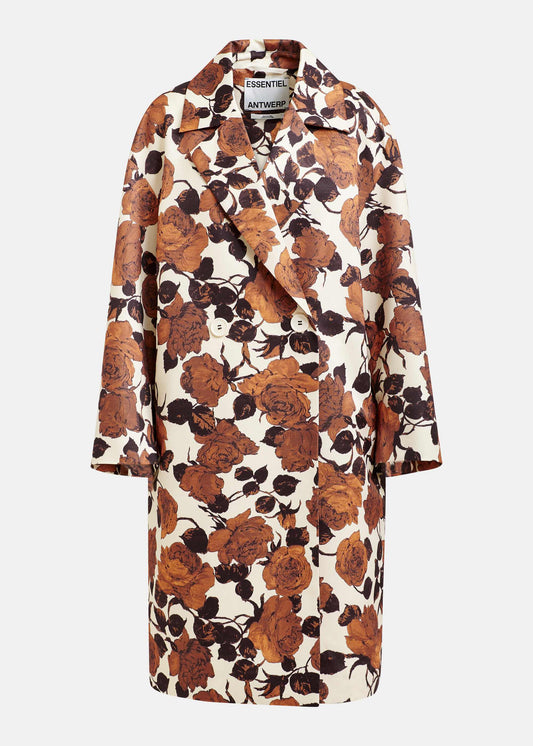 brown floral print double breasted mid length coat 