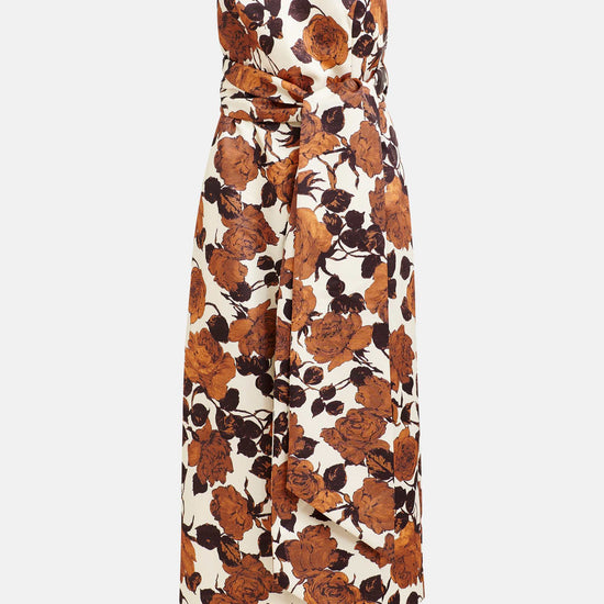 mid length brown floral print strapless dress with large tie