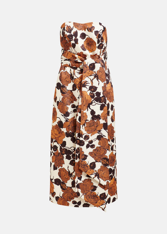 mid length brown floral print strapless dress with large tie