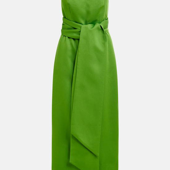 strapless green midi dress with large tie at the front